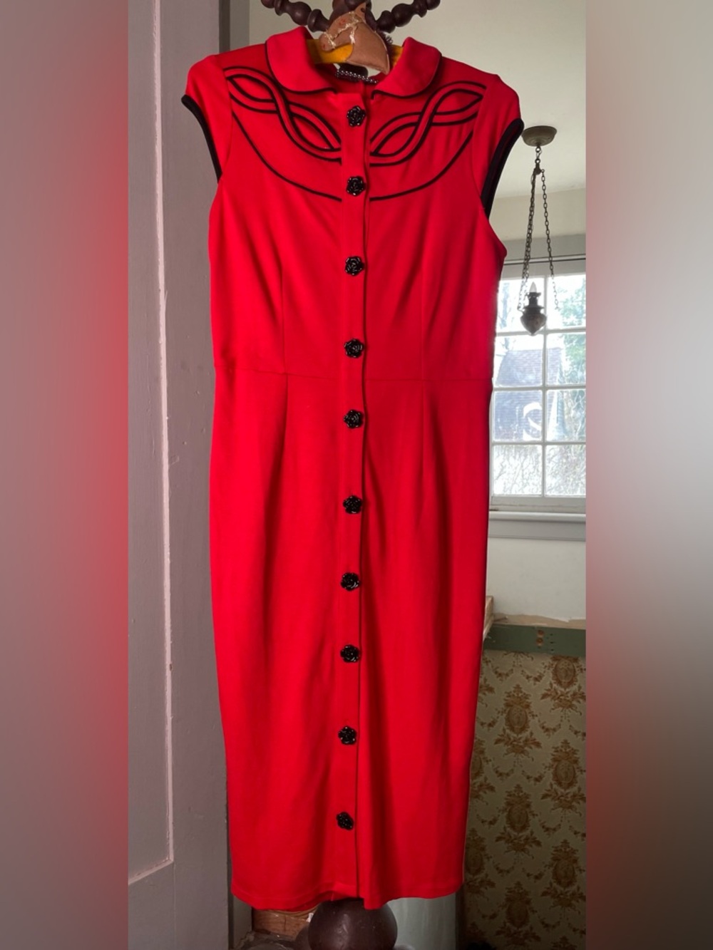 Red Button-Front Cap-Sleeve Sheath Dress